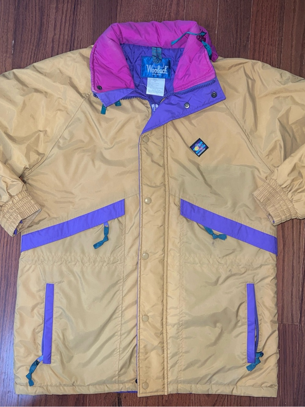 Woolrich Mustard Colorblock Puff Parka with Purple & Pink Accents